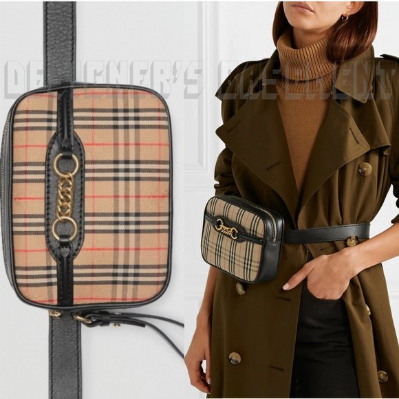 BURBERRY black leather LINK 1983 beige canvas Equestrian Knight Check Belt Bag - Picture 8 of 12
